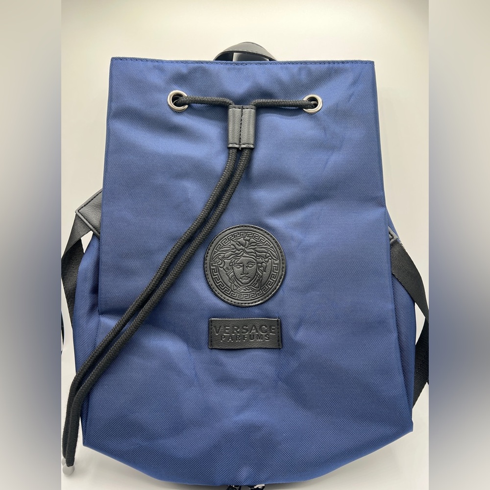 NEW Versace Parfums Blue Black Nylon Medusa Logo Backpack Carry-on Authentic